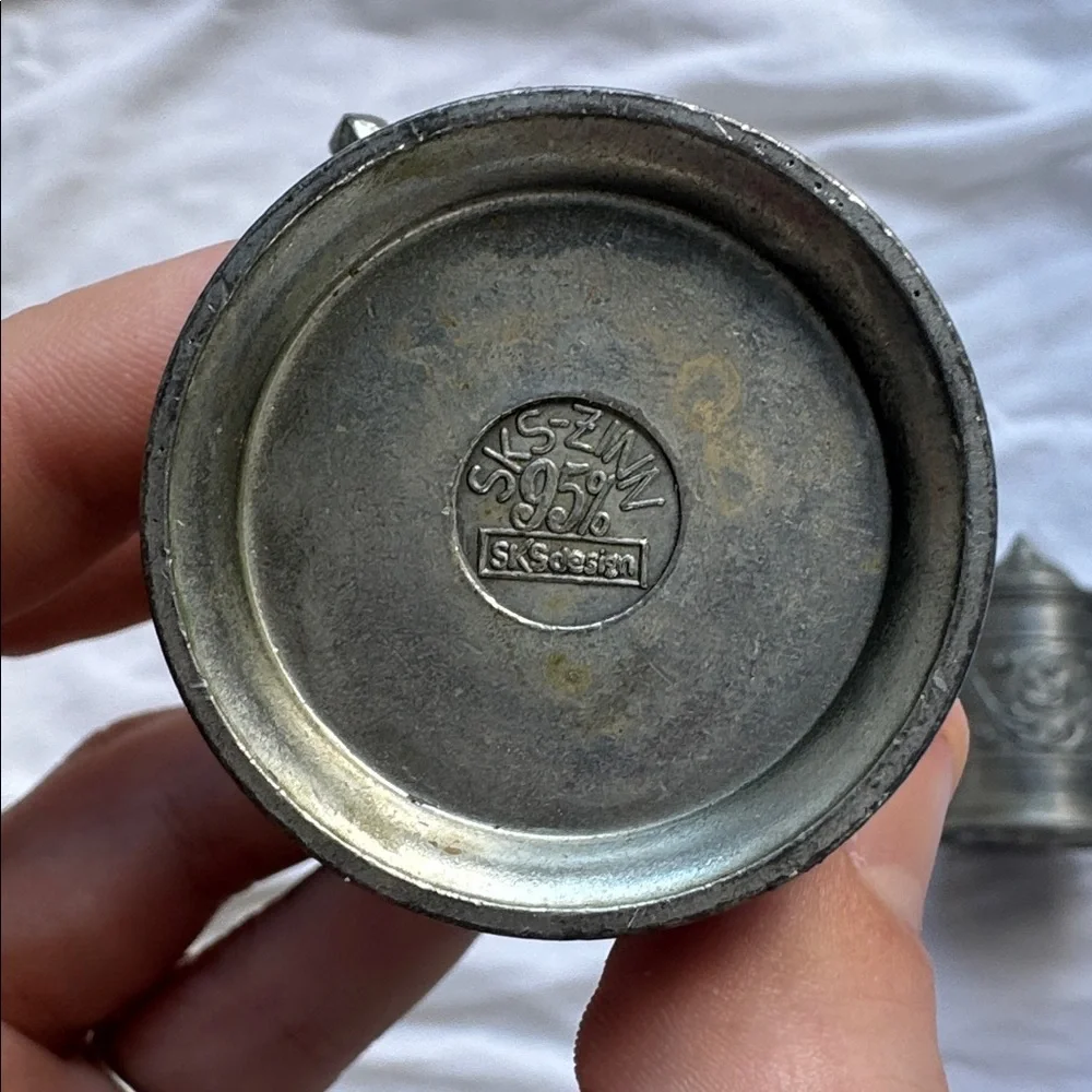 Vintage Miniature Pewter Steins Set of 2 95% SKS ZINN Lidded Beer Mugs 2.5